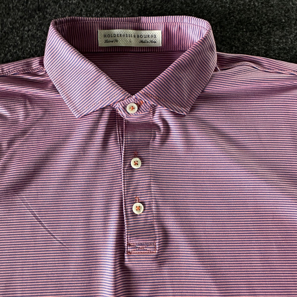 Holderness & Bourne Mens Tailored Fit Striped Golf Polo Shirt Orange Blue Large